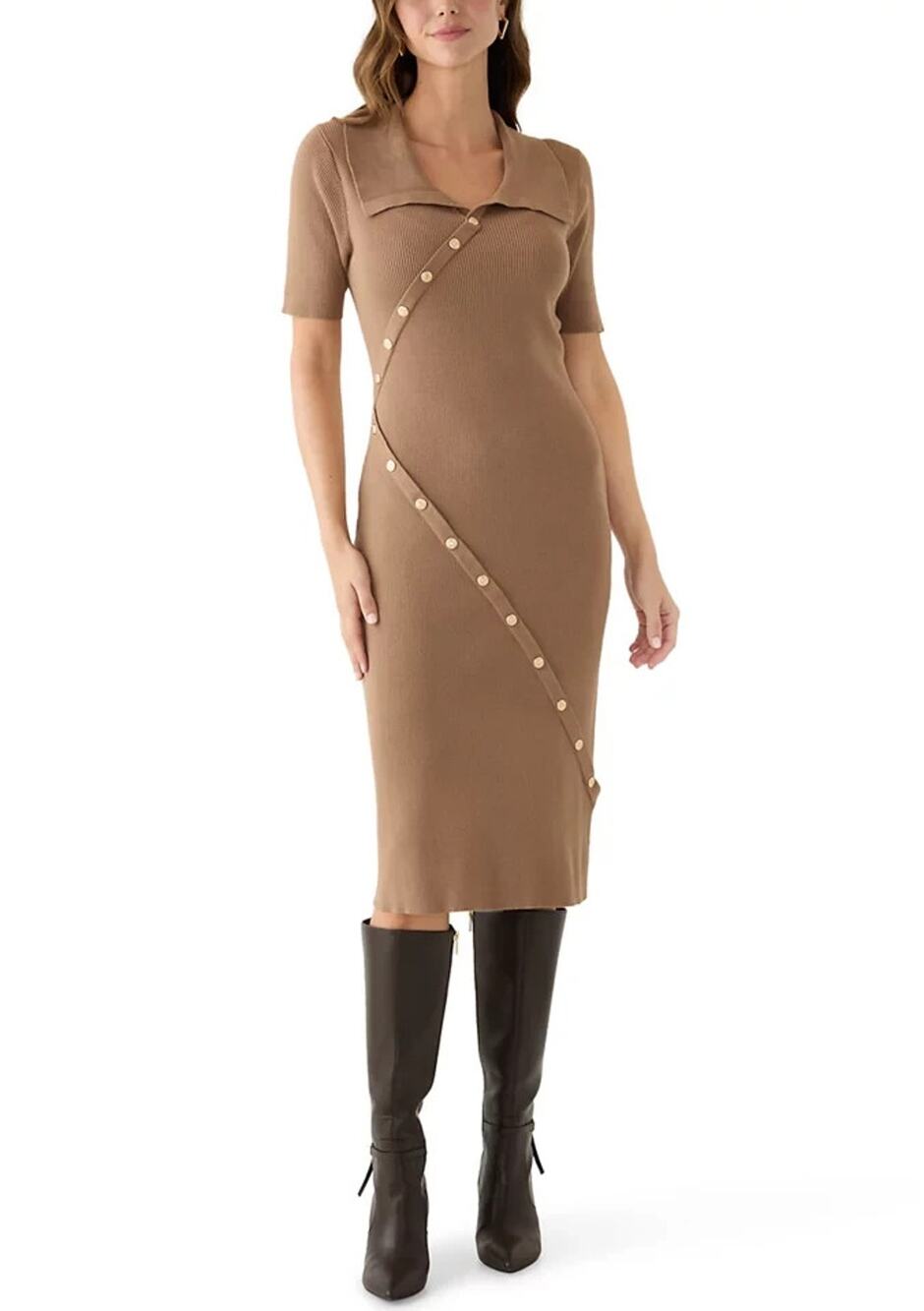 KARL LAGERFELD PARIS Women's Asymmetrical K Button Dress Brown Size S 4032